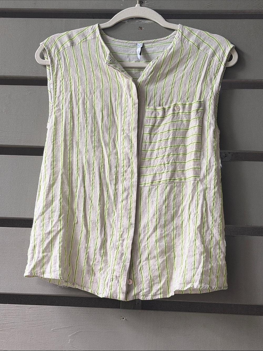 Mango Sleeveless Button-Front Top in Cream with Neon Green Stripes